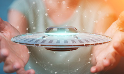 Poster - Businesswoman with retro UFO spaceship 3D rendering