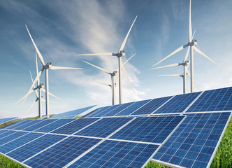 solar panel and wind power station. ecological energy concept and idea.