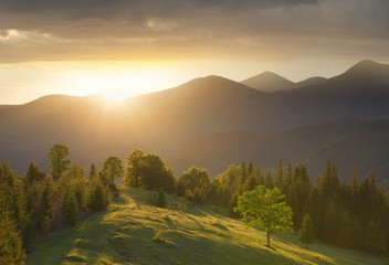 Mountain valley during sundown. Beautiful naural landscape in the summer time