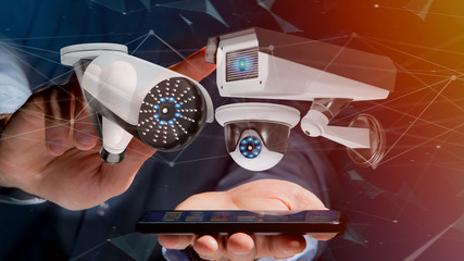 Poster - Businessman using a smartphone with a Security camera system and network connection - 3d rendering