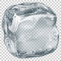 One big realistic translucent ice cube in gray color on transparent background. Transparency only in vector format