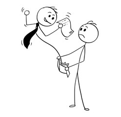 Poster - Cartoon stick man drawing conceptual illustration of businessman pop up with agreement from customer's wallet. Business concept of debt, loan and credit.