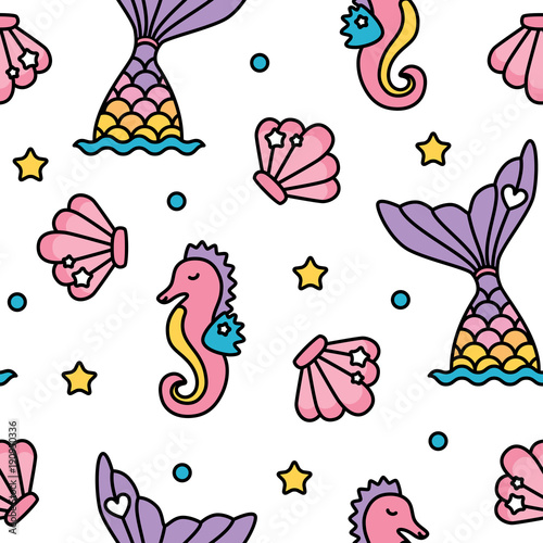Mermaid and seahorse pastel rainbow color cute seamless pattern Canvas Print
