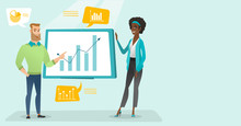 Young Caucasian White Businessman And African-american Business Woman Pointing At Board With Growth Chart And Presenting Review Of Financial Data. Vector Cartoon Illustration. Horizontal Layout.