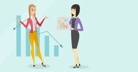 Wall Mural - Young stressed caucasian white bancrupt business woman standing on the background of decreasing chart while asian business woman shows growth graph. Vector cartoon illustration. Horizontal layout.