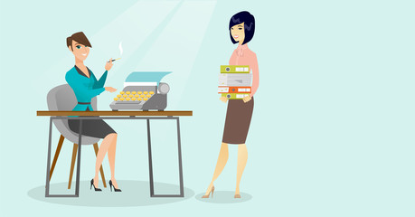 Poster - Caucasian white journalist smoking a cigarette and writing an article on a vintage typewriter while her asian colleague stands with stack of documents. Vector cartoon illustration. Horizontal layout.