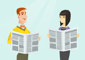 Wall Mural - Young caucasian white man and asian woman reading good news in newspapers. Business people standing with newspapers in hands. Media concept. Vector cartoon illustration. Horizontal layout.