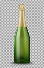 Vector Realistic Green With Gold Closed Champagne Bottle Isolated On Transparent Background. Mockup Template Blank For Product Packing Advertisement.