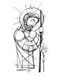 Saint Joseph and baby Jesus ink illustration