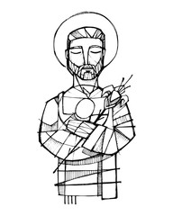 Saint Joseph and baby Jesus ink illustration