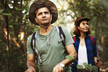 Wall Mural - Couple trekking together in a forest