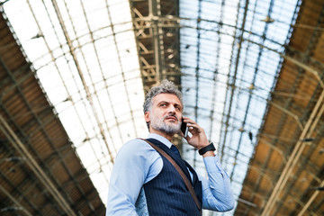 Wall Mural - Mature businessman with smartphone on a train station.