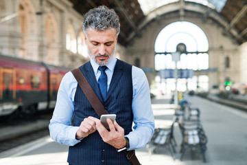 Wall Mural - Mature businessman with smartphone on a train station.