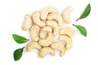 cashew nuts with leaves isolated on white background. top view. Flat lay
