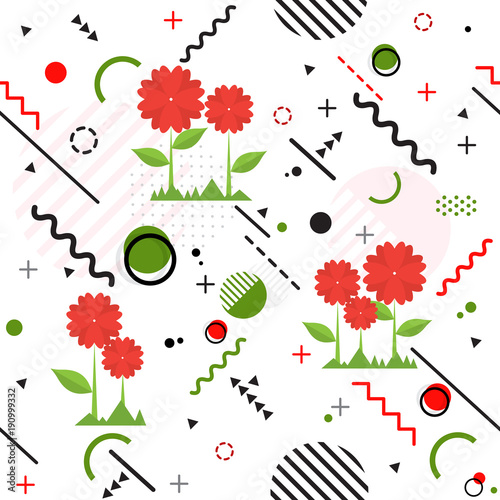 modny-bezszwowy-memphis-stylu-geometryczny-wzor-z-kwiatem-wektor