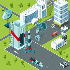 Wall Mural - launch pad of the spaceport. isometric buildings