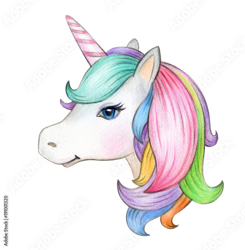Valokuvatapetti Cute, magic unicorn portrait, isolated on white.
