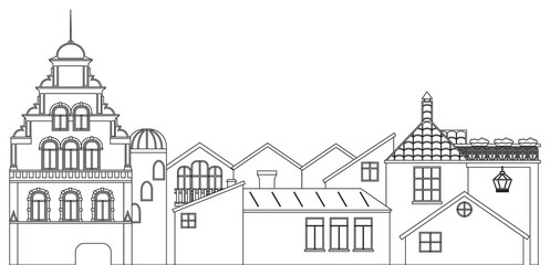  Outline panoramic view of houses. Vector contour of old town cityscape.