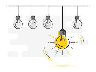 Set of light bulbs socket at the top with one glowing. Trendy flat vector light bulb icons with concept of idea on white background. 
