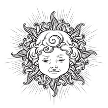 Sun With Face Of Cute Curly Smiling Baby Boy Isolated. Hand Drawn Sticker, Coloring Book Pages, Print Or Boho Flash Tattoo Design Vector Illustration