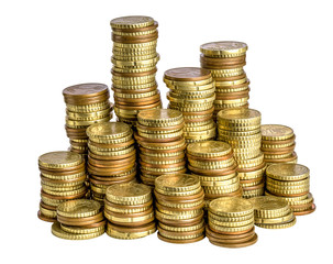 group stacked euro coins isolated white background, finance wealth