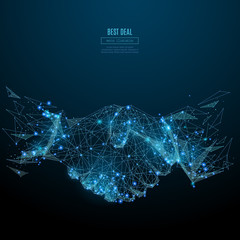 Fototapete - Abstract image of Business handshake in the form of a starry sky or space, consisting of points, lines, and shapes in the form of planets, stars and the universe. Vector best deal. RGB Color mode