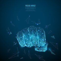 Poster - Abstract image of fist in the form of a starry sky or space, consisting of points, lines, and shapes in the form of planets, stars and the universe. Vector illustration of the impact. RGB Color mode