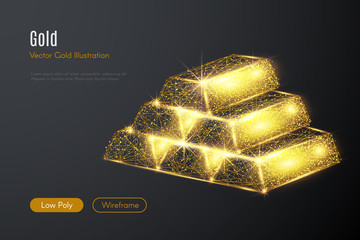 Fototapete - Low poly illustration of the gold bars with a golden dust effect. Sparkle stardust. Glittering vector with gold particles on dark background. Polygonal wireframe from dots and lines.