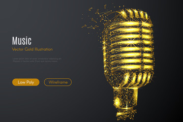 Poster - Low poly illustration of the Vintage microphone with a golden dust effect. Sparkle stardust. Glittering vector with gold particles on dark background. Polygonal wireframe from dots and lines.