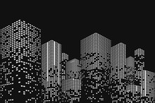 Building And City Illustration. Black Cities Silhouette With Windows. Graphic Concept For Your Design.