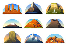 Mountains Peaks, Landscape Early In A Daylight, Big Set. Monument Valley, Matterhorn, Roraima, Fuji Or Vesuvius, Devils Tower, Everest Or Rainbow. Travel Or Camping, Climbing. Outdoor Hill Tops