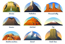 Mountains Peaks, Landscape Early In A Daylight, Big Set. Monument Valley, Matterhorn, Roraima, Fuji Or Vesuvius, Devils Tower, Everest Or Rainbow. Travel Or Camping, Climbing. Outdoor Hill Tops