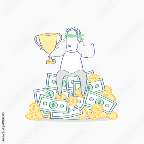 Fotografía Flat outline cute character sitting with a cup on a pile of money