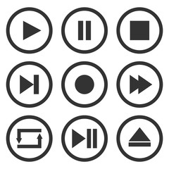 Wall Mural - Media player control buttons set. Play, pause, stop, record, forward, rewind, previous, next, eject, repeat  icons in circle. Vector.