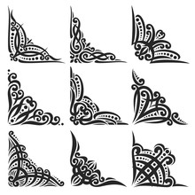 Vector Set Of Decorative Black Corners On White For Creating Frames, Ornate Decoration With Flourishes, 9 Vintage Corners With Curls And Dots For Borders, Ornament With Detail Indian Design Elements.