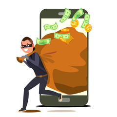 Aufkleber - Thief And Smartphone Vector. Bandit With Bag. Insurance Concept. Burglar, Robber In Mask. Crack User Personal Information. Fishing Attack To Smartphone. Isolated Flat Cartoon Illustration