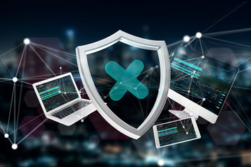 Poster - Shield symbol surrounded by devices and network displayed on a futuristic interface