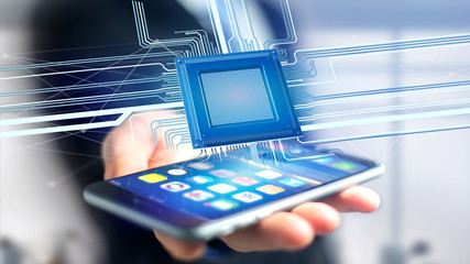 Poster - Businessman using a smartphone with a Processor chip and network connection - 3d render