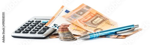 Fotografía financial planning with coins and euro banknotes, a calculator and a pen isolate
