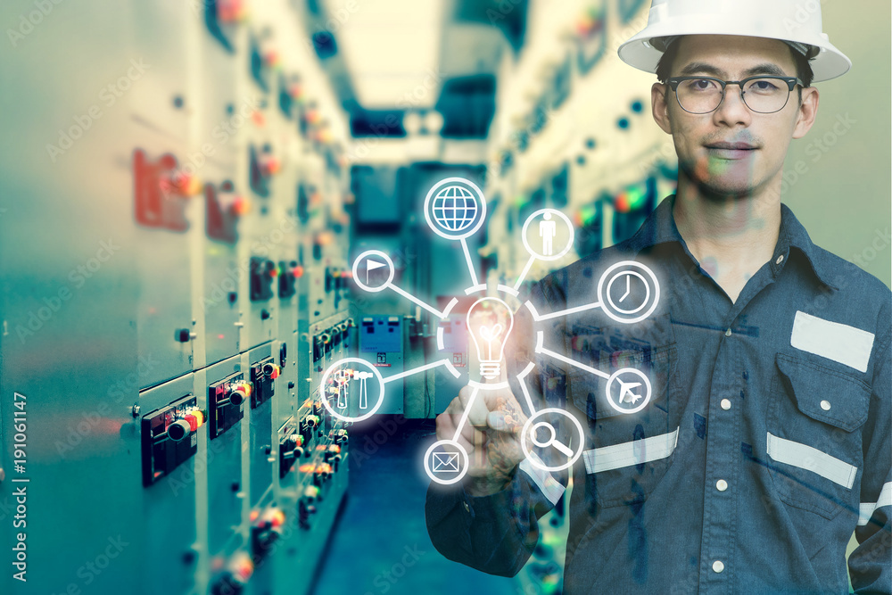 Industrial innovation technology and industry 4.0 concept. Double ...