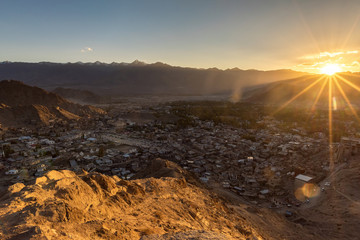 Landscape sunset view of Leh city in falls, the town is located in the Indian Himalayas at an altitude of 3500 meters, North India