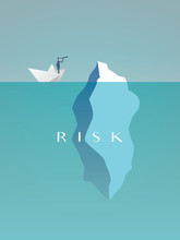 Business Risk Vector Concept With Businessman In Paper Boat Sailing Close To Iceberg. Symbol Of Danger, Challenge, Courage.