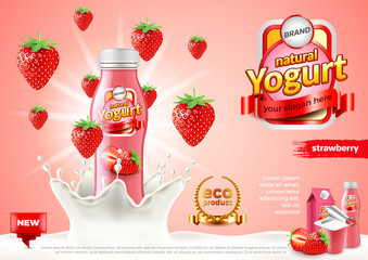 Strawberry yogurt ads. Bottle in milk splash vector background