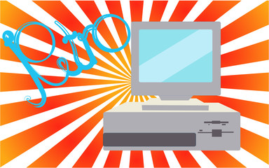 Poster - Old, vintage, retro, hipster, antique, disco, gray, bright, beautiful computer with floppy on a background of green orange rays with the inscription of retro. Vector illustration.
