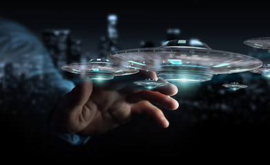 Poster - Businessman with retro UFO spaceship 3D rendering