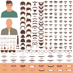 vector illustration of man face parts, character head, eyes, mouth, lips, hair and eyebrow icon set