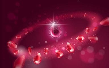 Aufkleber - A drop of essence oil or serum. Bright radial effect with flying elements of pomegranate with particles. Light aura effect with effect on red bokeh background for decoration. Vector realistic