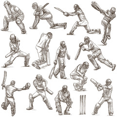 Sticker - Cricket sport collection. Cricketers. Full sized hand drawings on white background. Isolated.