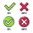 © happyvector071 - Creative vector illustration of green tick, red cross isolated on transparent background. Art design with text do's and don'ts. Right or wrong. True or false. Abstract concept graphic element
