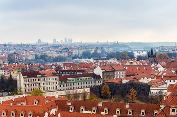 Wall Mural - Cityscape of Prague city from hill, beautiful view of red roofs, Czech Republic